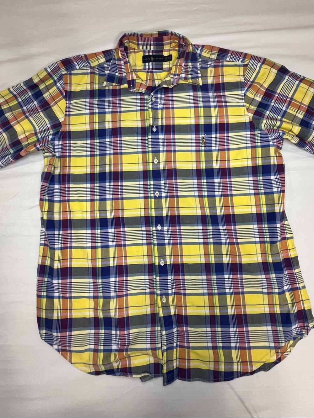 Ralph Lauren Yellow, Navy & Red Plaid Short-Sleeve Button-Down Shirt